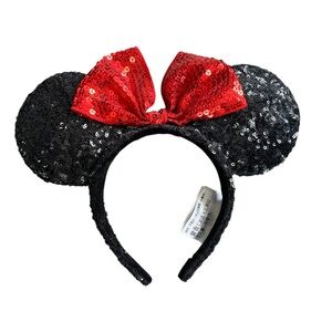 Disney Parks Black Sequined Classic Minnie Mouse Ears Headband with Red Bow